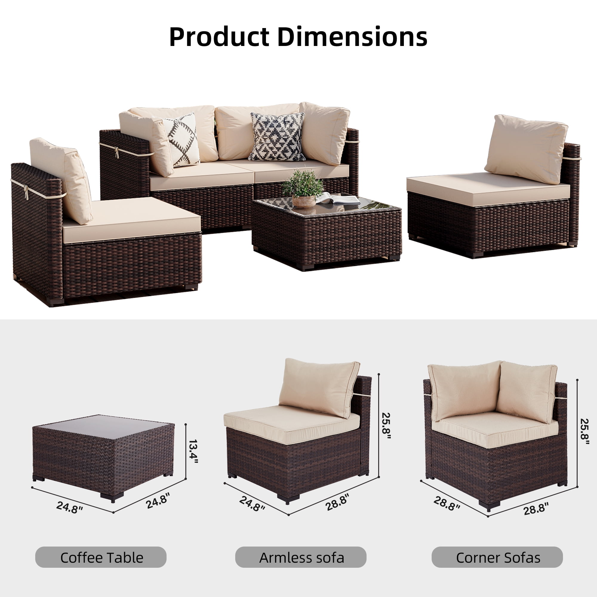 UPHA 5 Pieces Outdoor furniture Sets Patio Sectional Couch Wicker Conversation Sofa for Pools Outside, Gardens, Decks, Brown Rattan, Beige Cushion