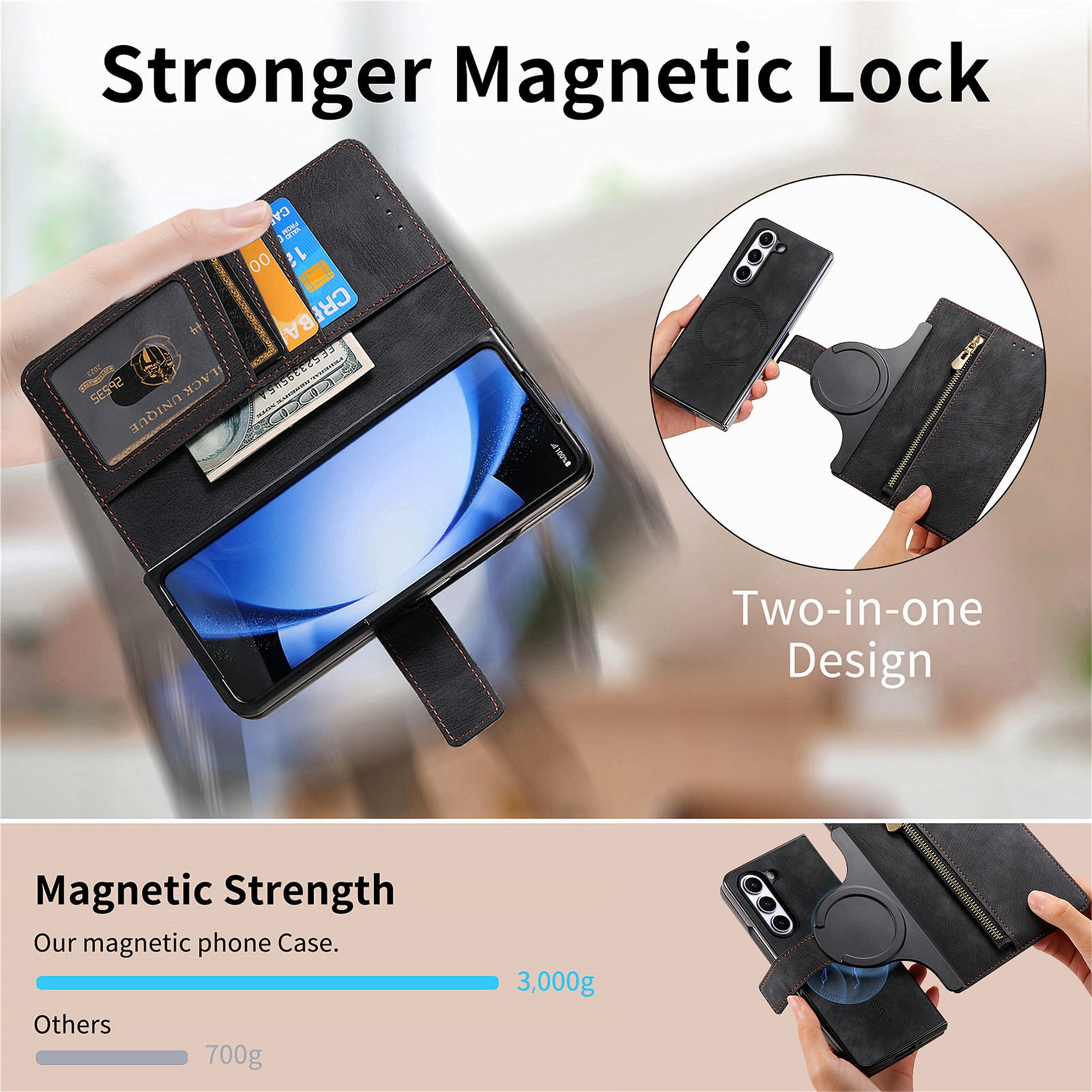 CCSmall for Samsung Galaxy Z Fold 6 5G Detachable Magnetic Wallet Phone Case, RFID Blocking Material Retro Folio Flip Leather Case Zipper Purse Cover with Card Slots for Galaxy Z Fold6 KQX Black