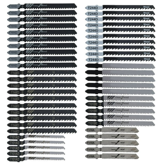 Lieonvis 50pcs Jig Saw Blade Set High Carbon Steel Assorted Blades T-shank Fast Cut Down Jigsaw Blade Professional Jig Saw Cutter Accessories for Thin Metal Wood Plastic Cutting Compatible with Most J