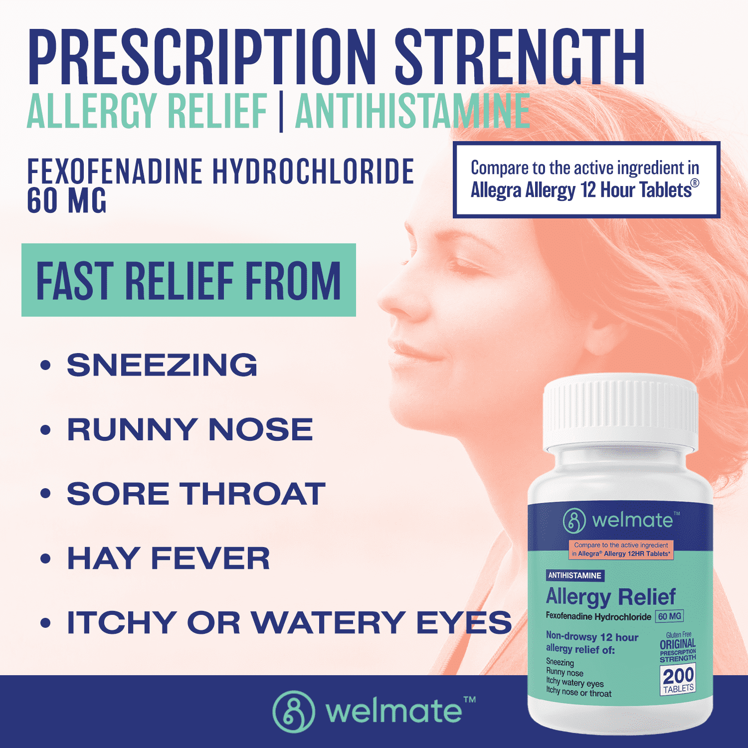 WELMATE Antihistamine Allergy Relief, Fexofenadine HCL 60mg - 200 Tablets
