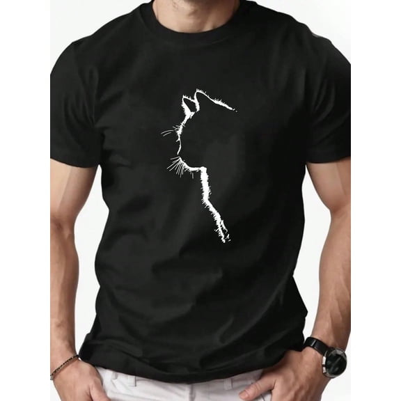 Men's Fashion Cat Silhouette Print Round Neck Short Sleeve T-Shirt