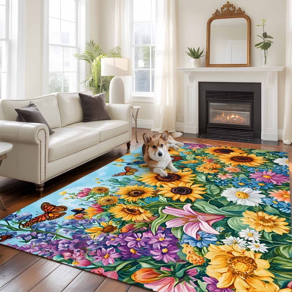 6'x9' Area Rugs, Yellow Sunflower Indoor Outdoor Area Rug for Living Room Bedroom, Wildflower Daisy Country Farm Pastoral Washable Bathroom Rugs Kitchen Floor Carpet Mats Home Decor Aesthetic