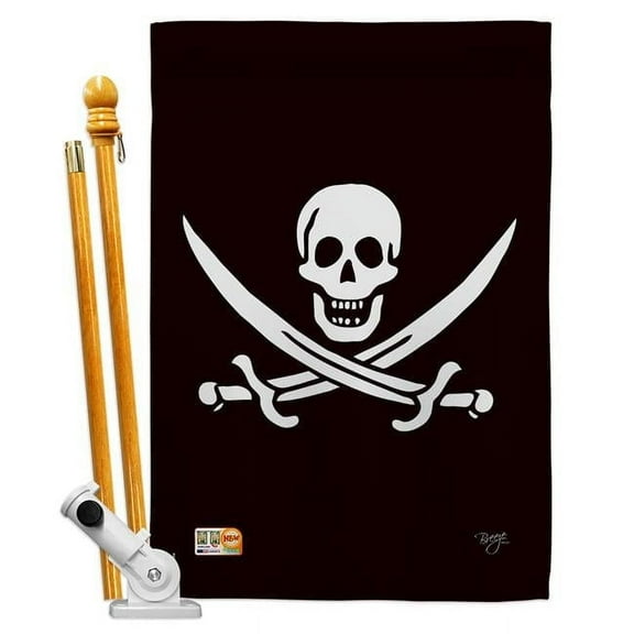Breeze Decor BD-PI-HS-107031-IP-BO-D-US13-BD 28 x 40 in. Vertical Calico Jack Rackham Coastal Pirate Impressions Decorative Double Sided House Flag Set with Pole & Bracket Hardware