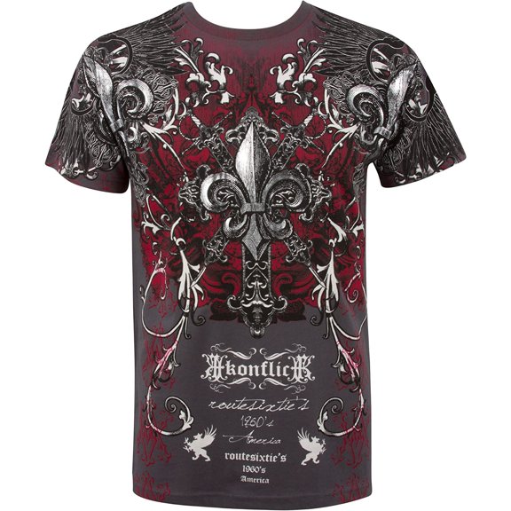 Sakkas Vines and Fleur De Lis Metallic Silver Short Sleeve Crew Neck Cotton Mens Fashion T-Shirt - Charcoal - Small