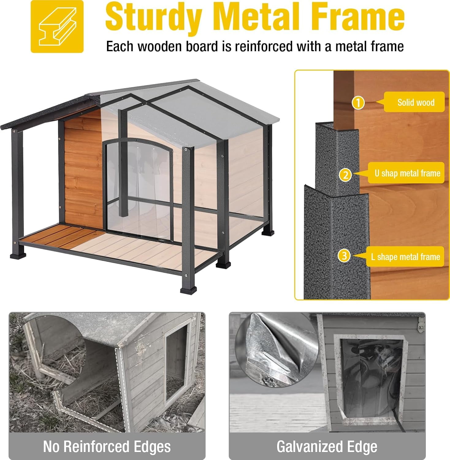 AIVITUVIN Heated Outdoor Dog House - Weatherproof Insulated Wooden Shelter with Iron Frame, Large Porch for Medium & Large Dogs, Indoor/Outdoor Kennel