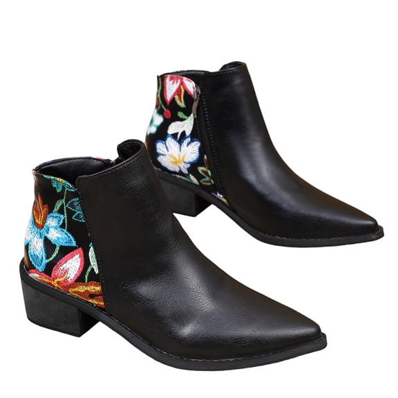 EKVAHL Orthopedic Western Cowgirl Boots for Women, Smooth Leather Floral Print Arch Support Snip Toe Ankle Booties, Side Zipper Country Party Walking Boots Black