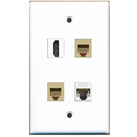 RiteAV - 1 Port HDMI 2 Port Phone RJ11 RJ12 Beige 1 Port Cat5e Ethernet White Wall Plate