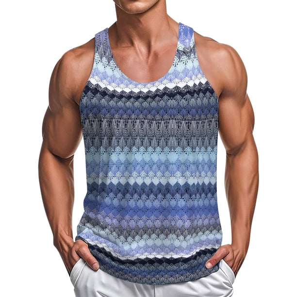 Camiseta sin mangas de cuello redondo para hombre, cuello redondo ahuecado, estilo playero informal de verano, holgada, sin mangas, a rayas, cuello redondo, sin mangas, para hombre