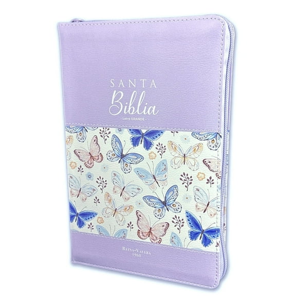 Biblia para Mujer con Cierre Letra Grande 12 puntos RV1960 imit. piel lila y mariposas con indice