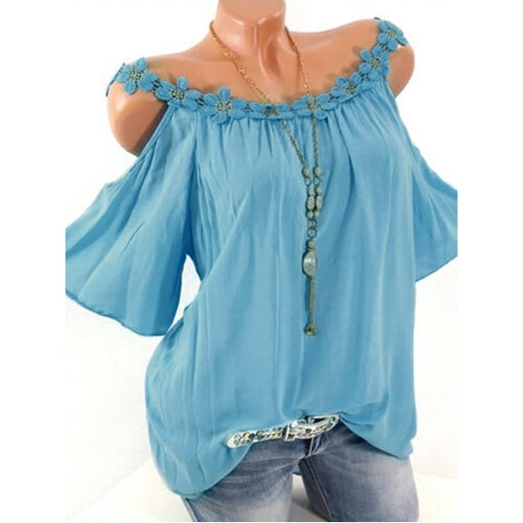 Tejiojio Summer Dresses for Women Women Plus Size Strapless Lace Patchwork Short Sleeve O-Neck T-Shirt Blouse