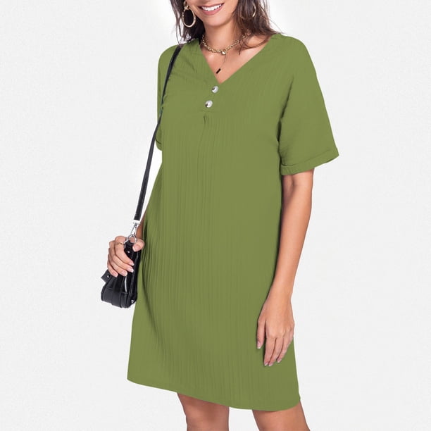 WILLBEST Vestidos Floreados Para Mujer Cuello En V Color Sólido 2025 Cómodo Casual Vestido Con Botones