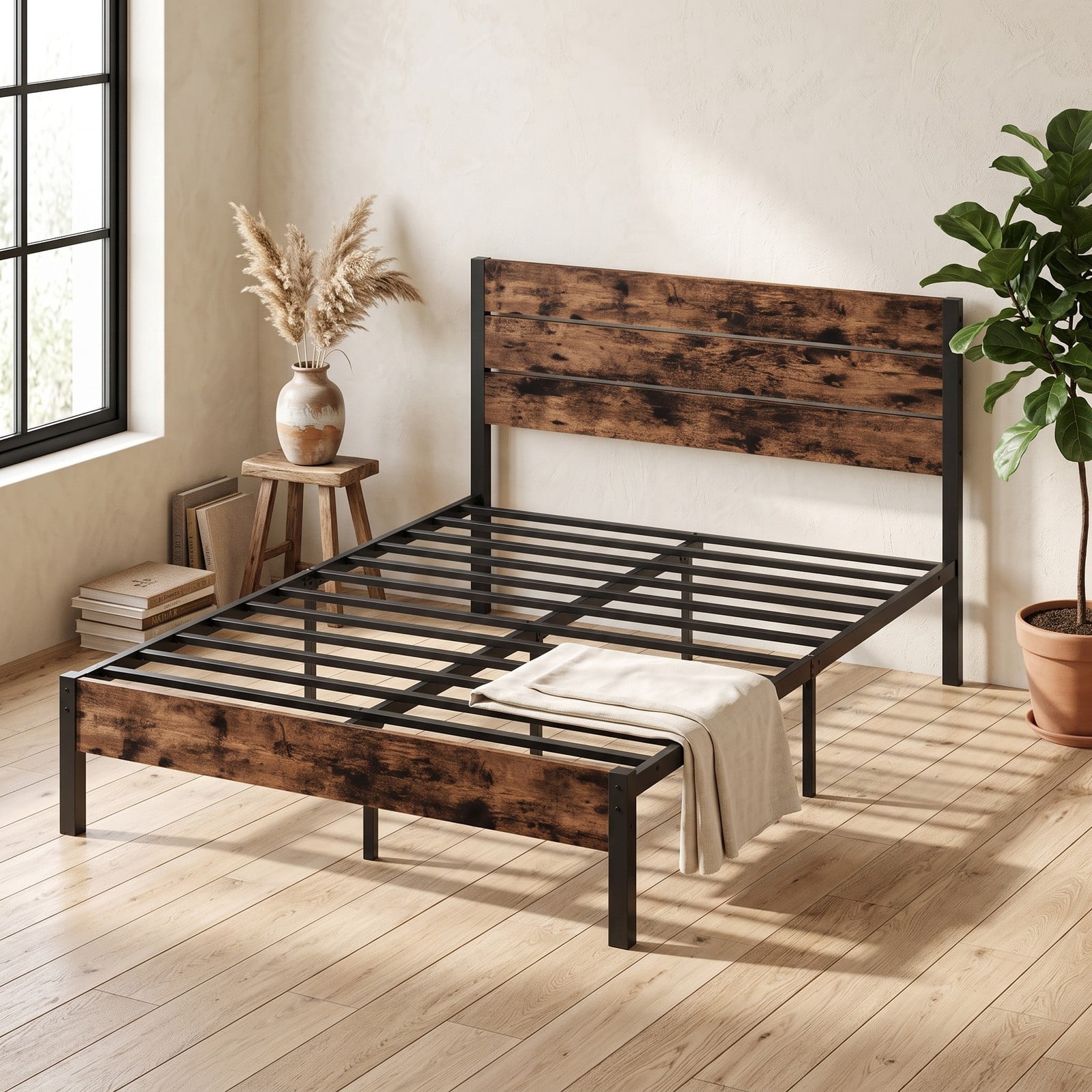 Furnibear Queen Size Bed Frame Metal Platform Bed with High Wood Headboard and Mute Bar, Heavy Duty No Box Spring Needed, Rustic Brown and Black