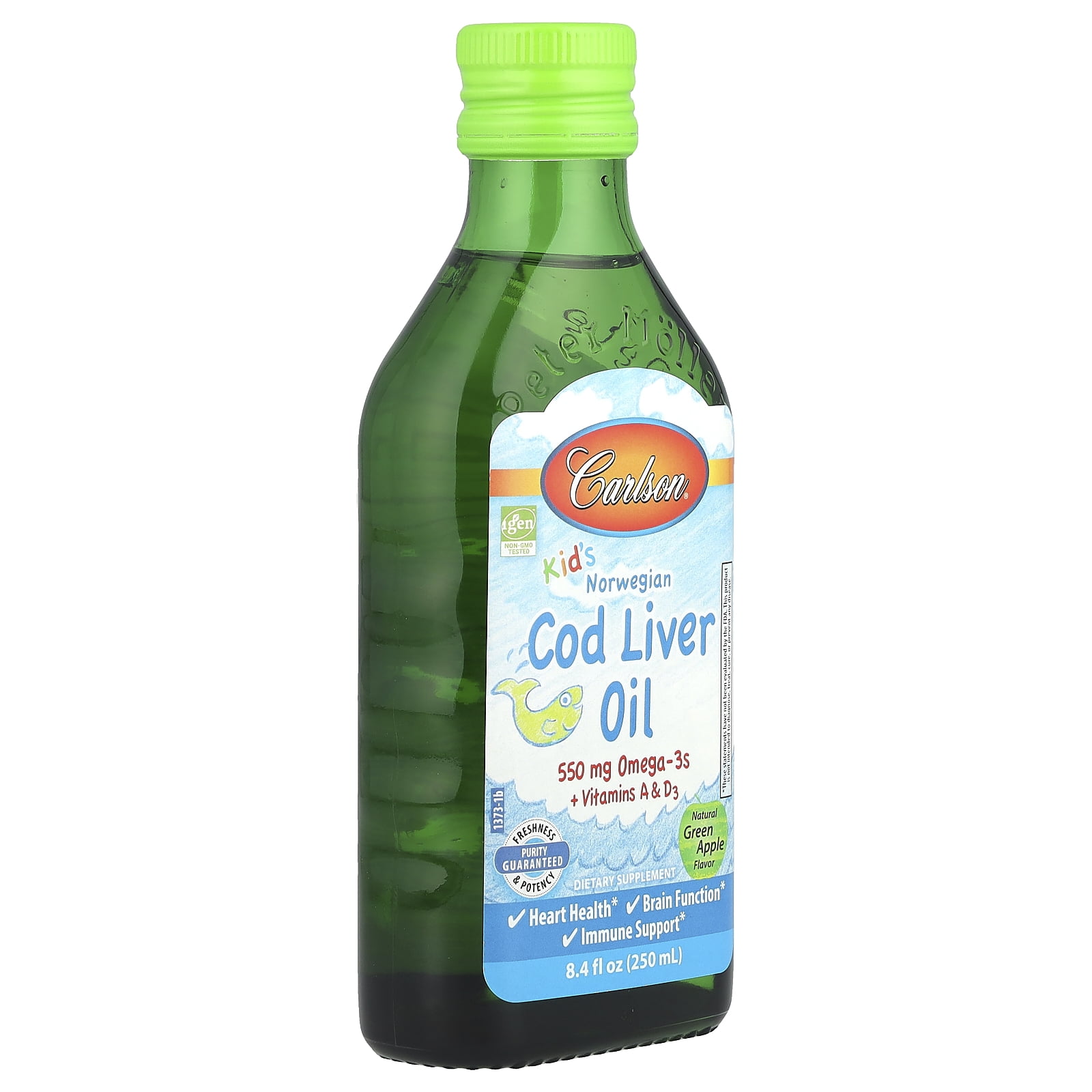 Carlson - Kid's Cod Liver Oil, 550 mg Omega-3s + A & D3, Norwegian, Wild Caught, Sustainably Sourced, Green Apple, 250 mL (8.4 Fl Oz)