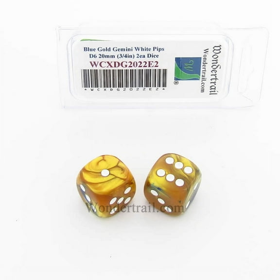 Blue and Gold Gemini Dice with White Pips 20mm (3/4in) D6 Pack of 2 Wondertrail