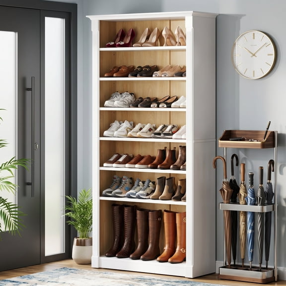 Fnova 70.9" 8-Tier Shoe Rack for 32-40 Pairs, Wooden Freestanding Shoe Storage Cabinet, Tall Shoe Organizer Shelf for Entryway, Closet, White