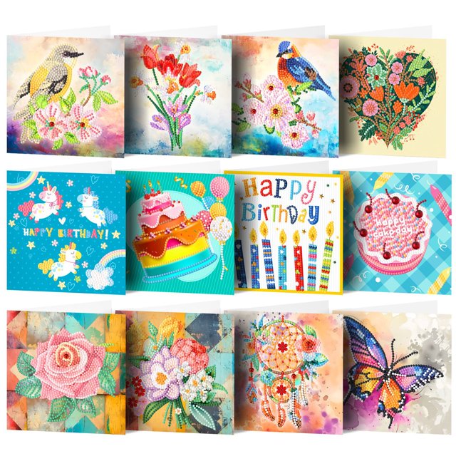 BeesClover 12 Packs Diamond Art Cards, Diamond Art Greeting Cards with Tool & Drill Kit, 12 Cards And White Envelopes, Flower Butterfly Diamond Art Cards for Birthday