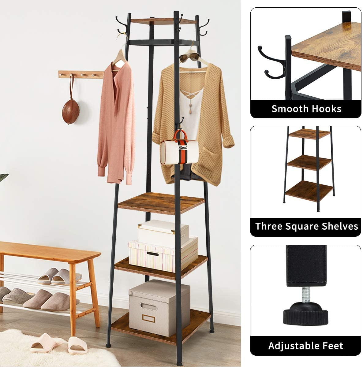 Easy Assembly EROMMY Industrial Coat Rack Coat Rack with 8 Dual Hooks