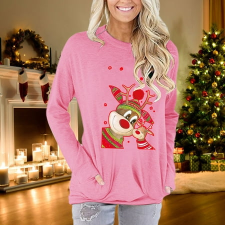 

jsaierl Womens Fall Tops Round Neck Long Sleeve Cartoon Printed Christmas Womens Sweatshirt Tunic Long Blouse Pullover for Party