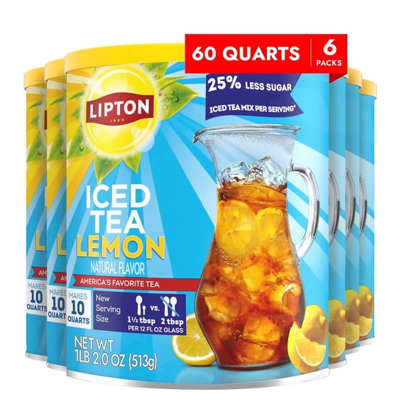 Lipton Reduced Sugar Lemon Iced Tea Mix, Powder Drink Mix, 10 Quarts Each (Pack of 6, Makes 60 Quarts Total)