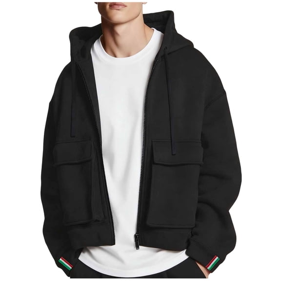 Aestivo Men's Multi Pocket Hooded Jacket, Cargo Zip-Up Coat, Casual Streetwear Outerwear for Work Leisure, Black L