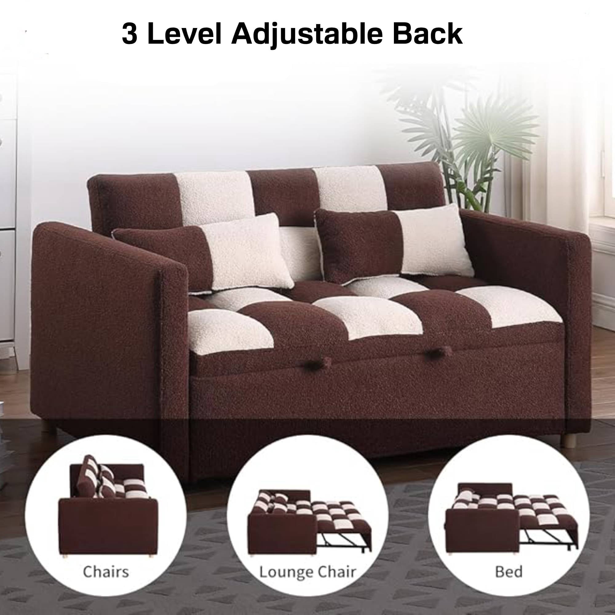 3 in 1 Convertible Pull Out Sofa Bed, Teddy Sleeper Sofa Couch with Adjustable Backrest, Loveseat with Pull Out Bed for Living Room, Red