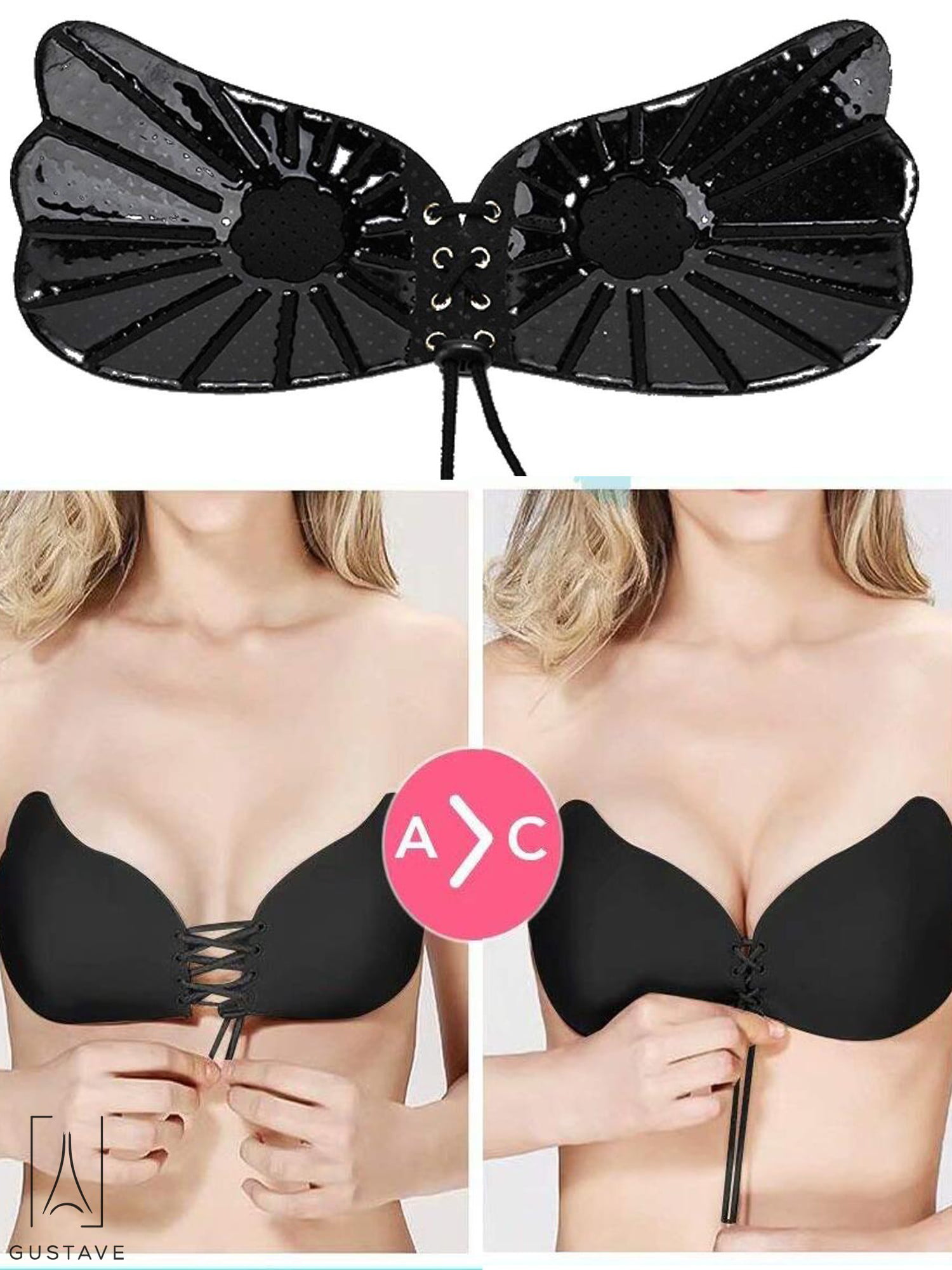 GustaveDesign Women's Strapless Invisible Bra Push Up Self Adhesive Bra  Silicone Bras with Drawstring Sticky for Dess Wedding Party Black,D Cup 