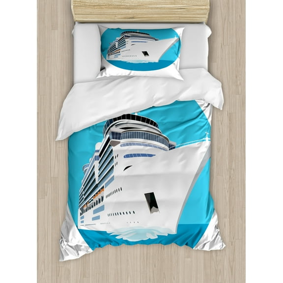 Cruise Ship Duvet Cover Set Twin Size, Large Touristic Passenger Ship in the Sea Journey Sailing Summer, Decorative 2 Piece Bedding Set with 1 Pillow Sham, Blue Pale Blue and White, by Ambesonne
