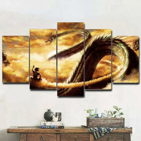- Mrosaa 5 Panels Cartoon Dragon Gold Canvas Print Paintings Wall Art for Living Room