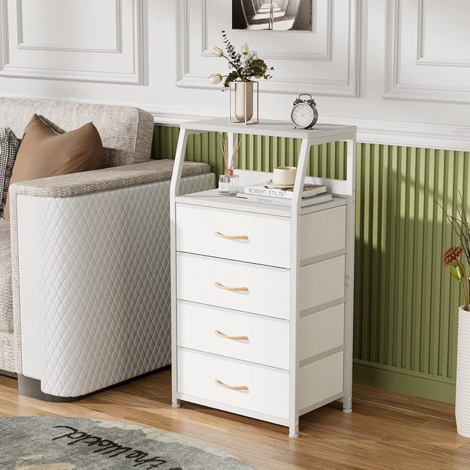Tall 5 Drawers Dresser, Vertical Storage Tower for Bedroom, Hallway, Entryway, Nursery, Closet Organizer, Nightstand Bedside Table Furniture, Sturdy Steel Frame, Wood Top
