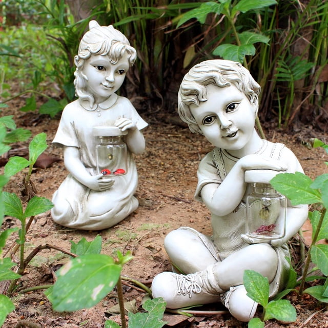 Estatua en Resina CUTICAT Escultura para Niños decoración de Jardín con Energía Solar