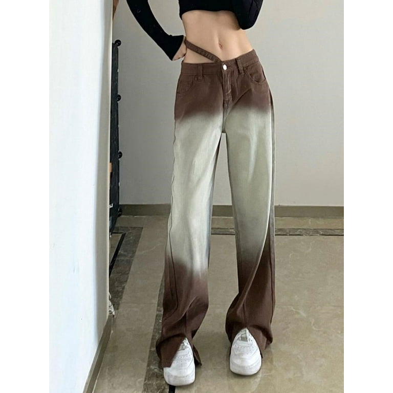 Inevnen Women Casual Split Straight Jeans Gradient Color Stitching