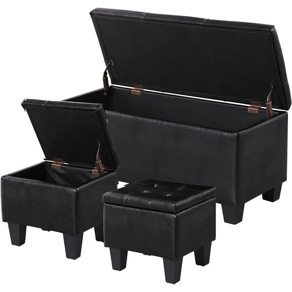 Storage Ottoman and 2 Footrests Set, 38 inch Upholstered Tufted Bench with Seating, Rectangular Sitting Ottoman Bench Step Stools, Hinged Flip Top, Black, PU Leather