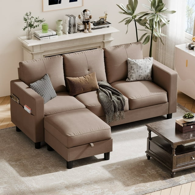 Walsunny 78" Convertible Sectional Sofa Couch L Shaped Couch Sofa for Living Room Small 3 Seater Sofa Couch with Storage Ottoman and Side Pockets, Brown