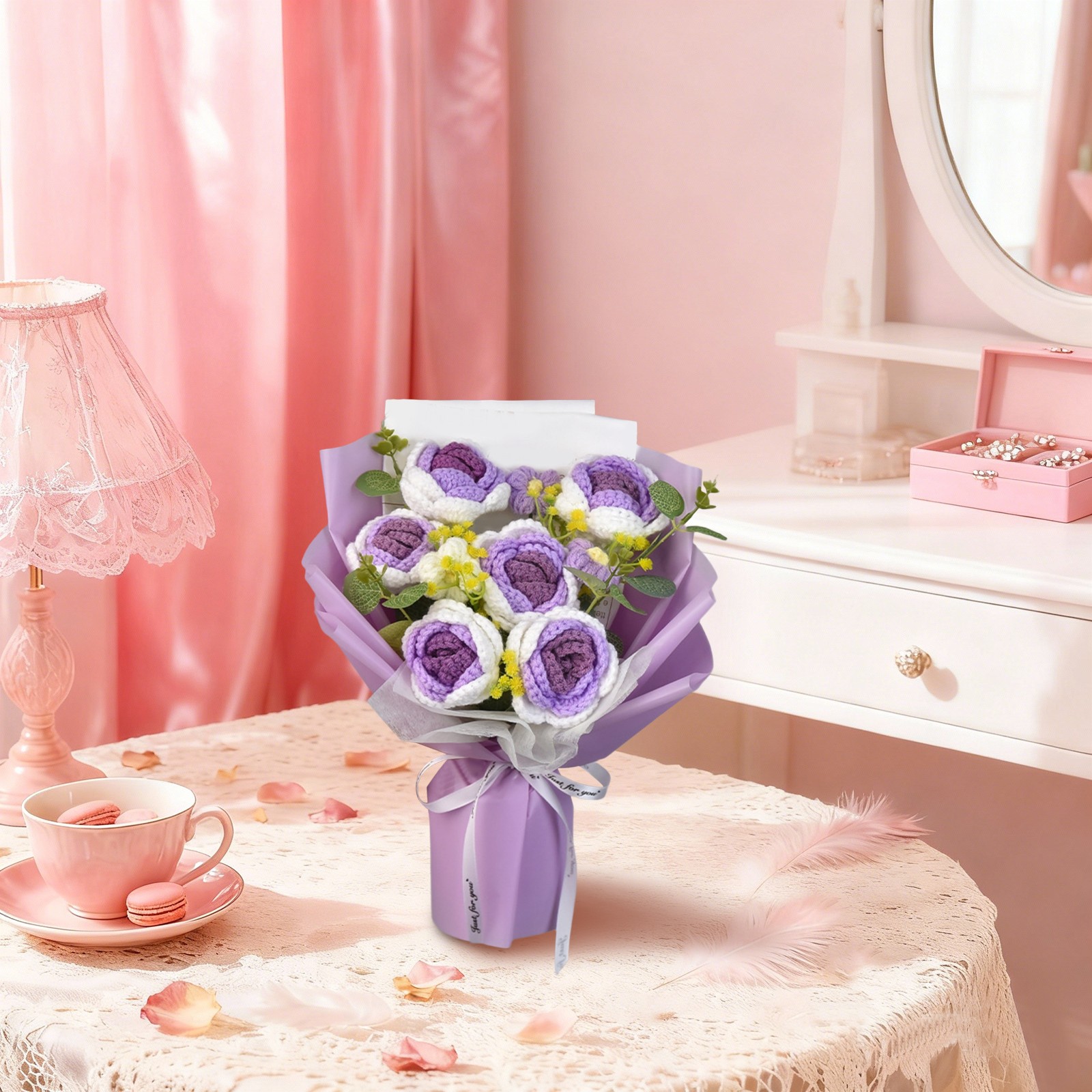 Crochet Flower Bouquet,Handmade Crochet Rose Daisy as a Gift for Lover,Family,Friends - Crochet Bouquet,Crocheted Yarn Flowers with Gift Bag & String Lights,Valentine's Day Gift(Purple)