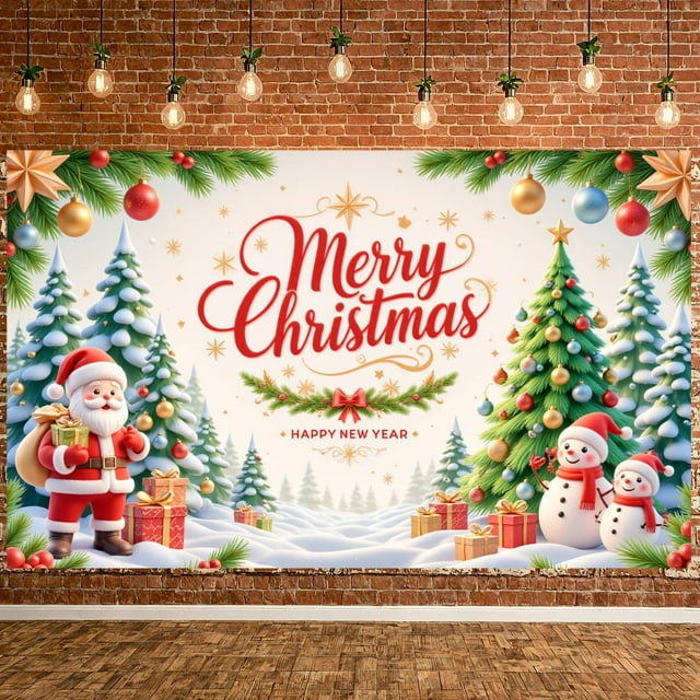 Festive Theme Merry Christmas Banner Red Gold Color Xmas Display Santa Claus Pattern Snowman Decoration Holiday Backdrop for Christmas Party New Year Celebration Indoor Decoration