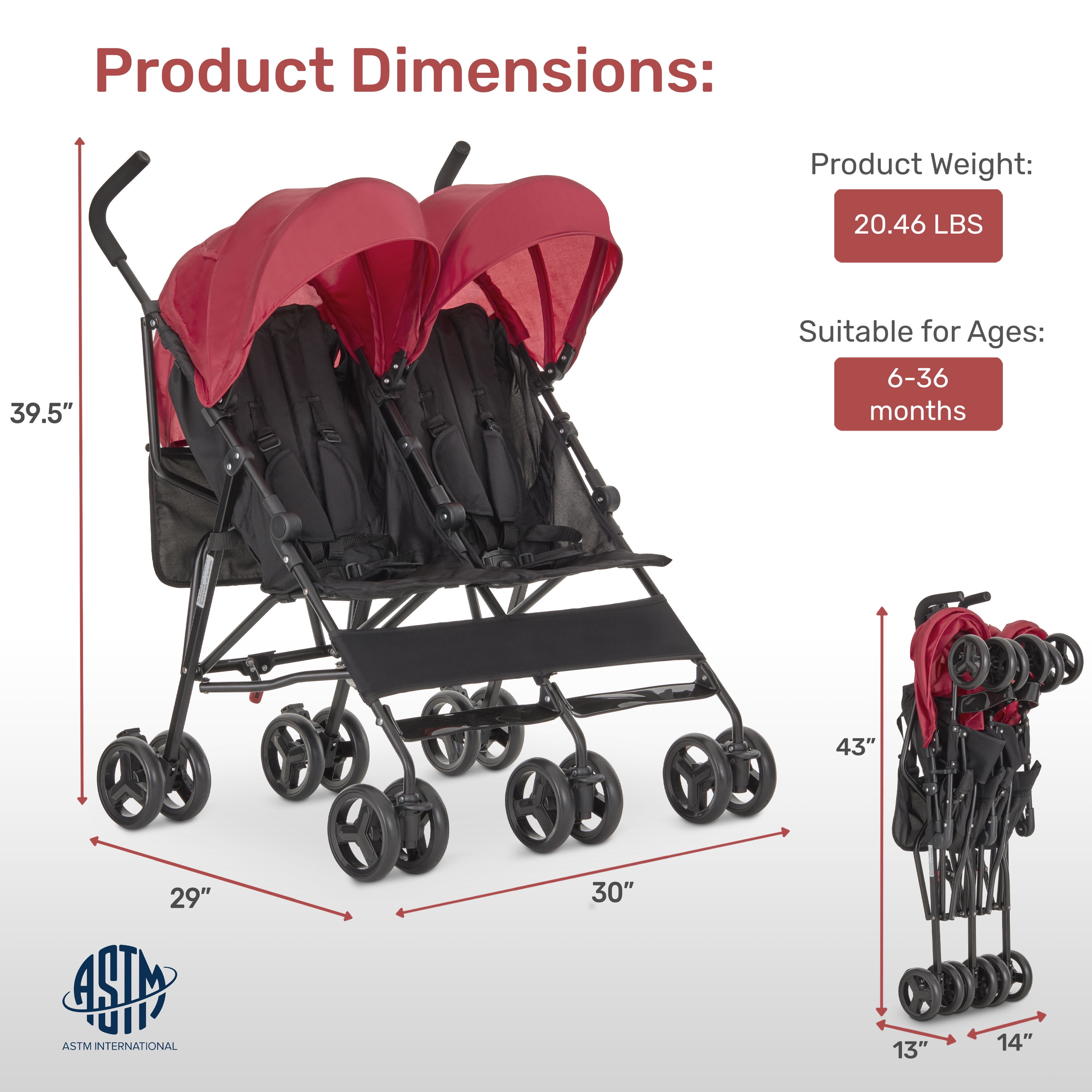 Dream On Me Twin Venture Umbrella Stroller, Red