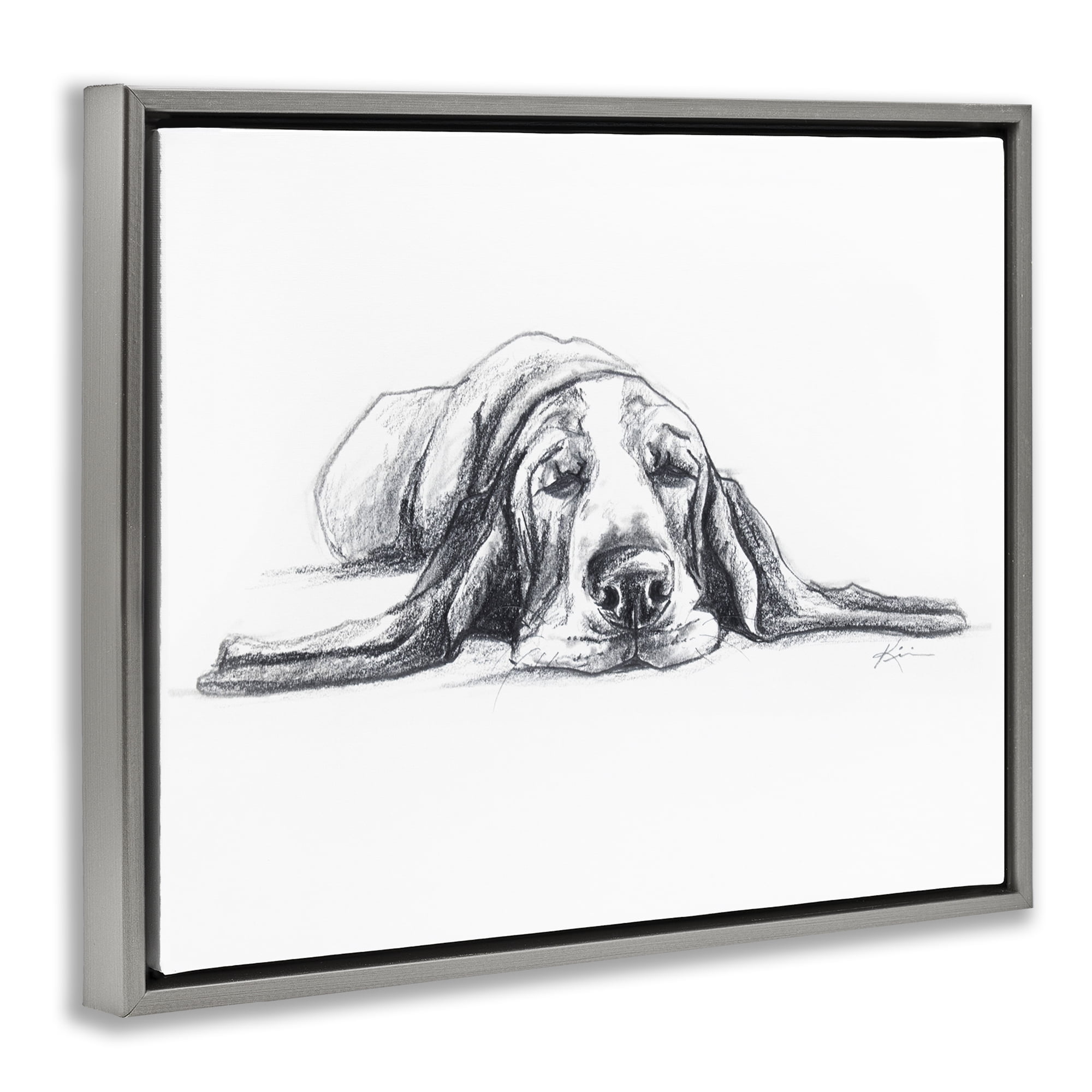 Stupell Industries Bloodhound Pup Naptime Animals Drawing Gray Floater Framed Canvas Art Print Wall Art, 31 x 25