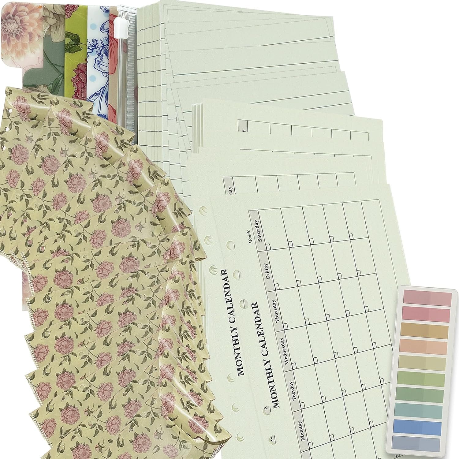 A6 Refill Paper with Monthly Budget Planner Inserts Undated, 6 Ring Loose Leaf Lined Filler Paper for Binder Planner Journal Agenda Calendar Notebook