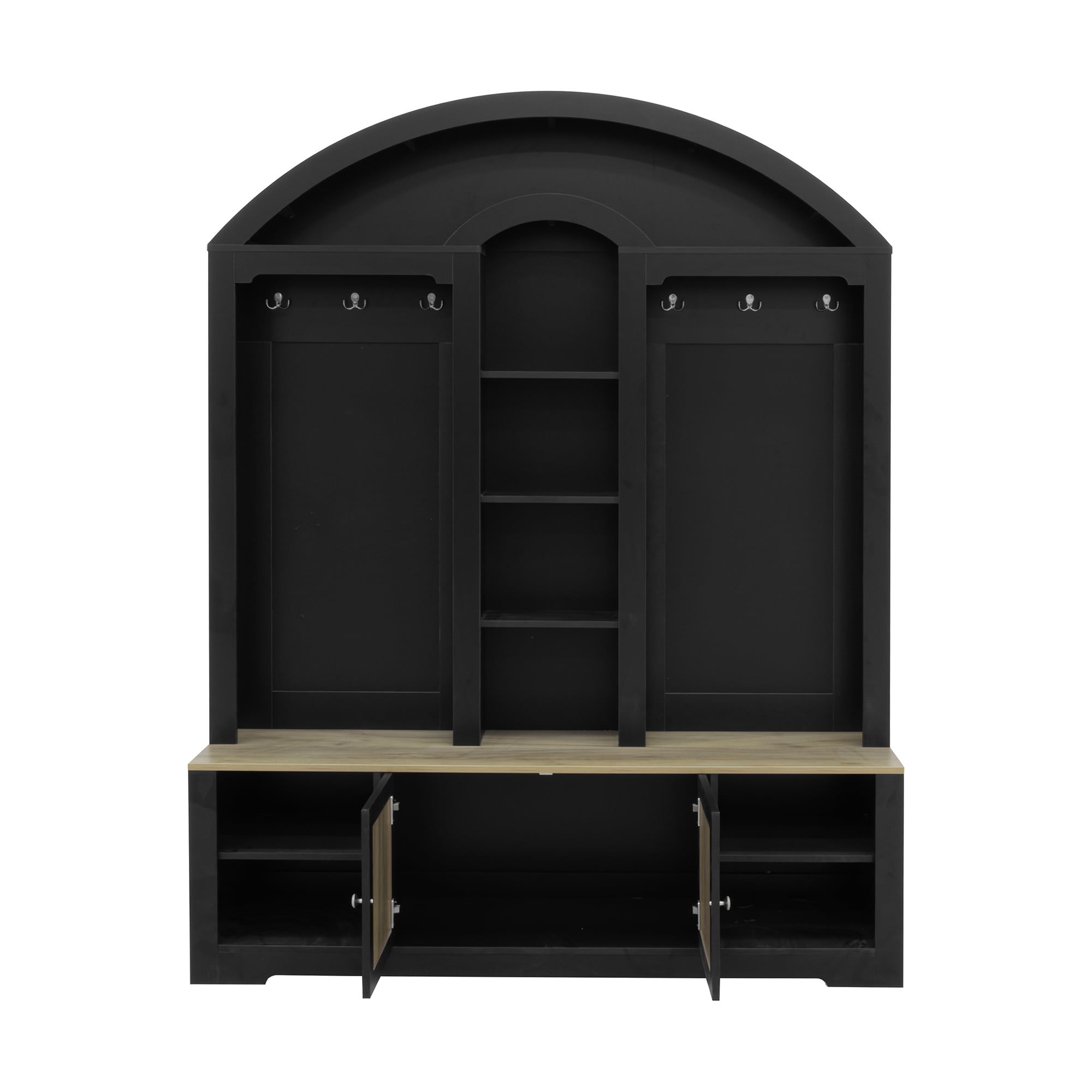Aukfa Curved Hall Tree Wardrobe with Hooks, Shelves & Shoe Storage,Entryway Wardrobe Organizer for Hallway, Living Room,Black