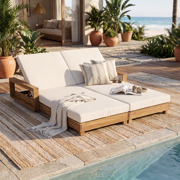 Christopher Knight Home Double Outdoor Chaise Lounge Set, Recliner with Cushions, Light Natural Cream