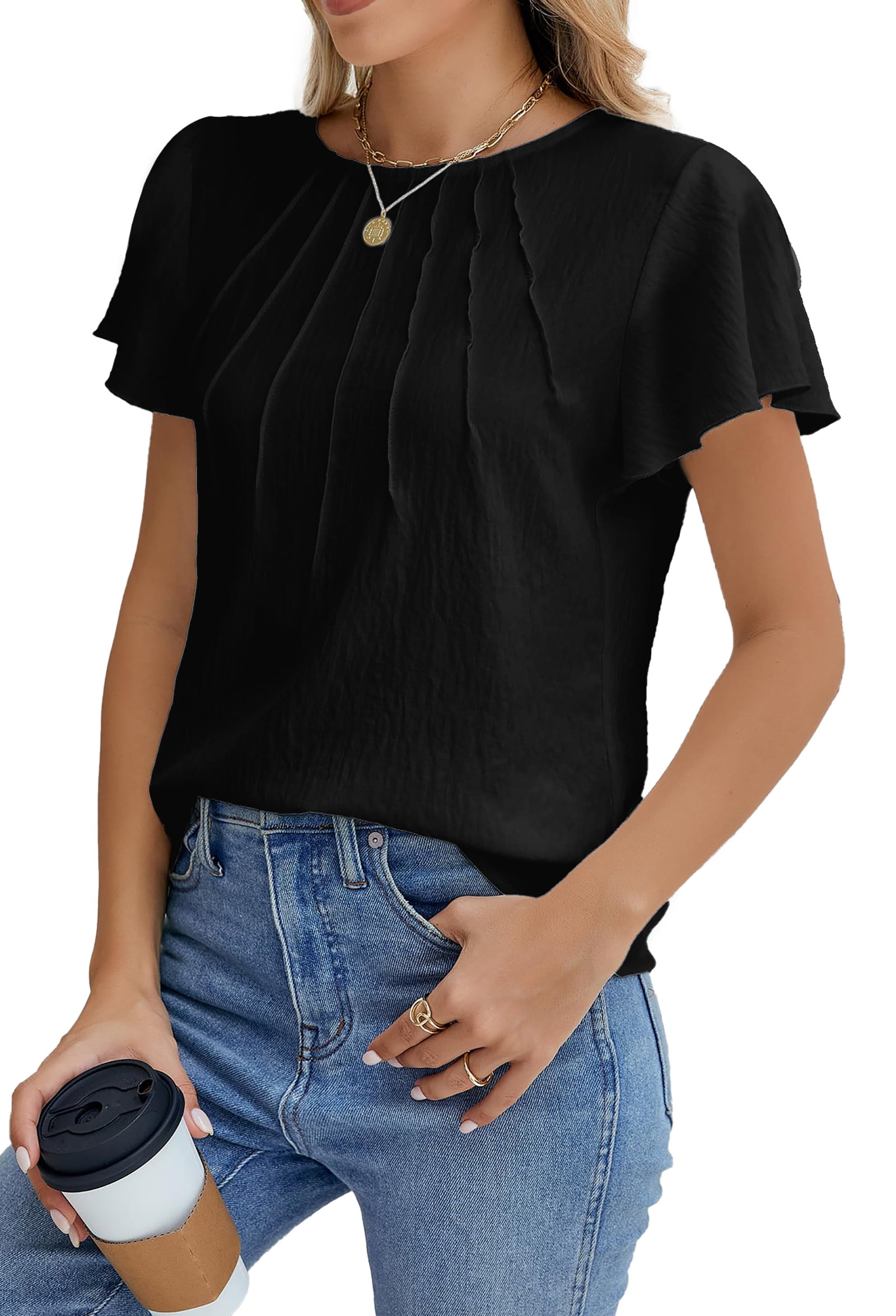 Fantaslook Pleated Blouses for Women Dressy Casual Tops Business Work Shirts Ruffle Sleeve Crew Neck Summer Outfits