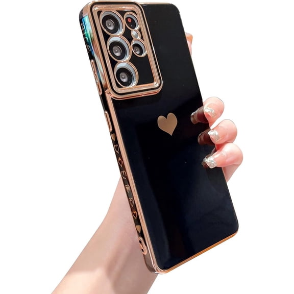 Samsung Galaxy S21 Ultra 5g 6.8" Phone Case with Luxury Electroplate Cute Side Love Heart Cover Full Camera Protection Soft Silicone Anti-Fingerprint Shockproof Cover Bumper (Black)