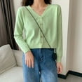 thumbnail image 2 of Women's Knit Cardigan, Spring Soild Color V-neck Long Sleeve Thin Korean Style Crop Tops, 2 of 4