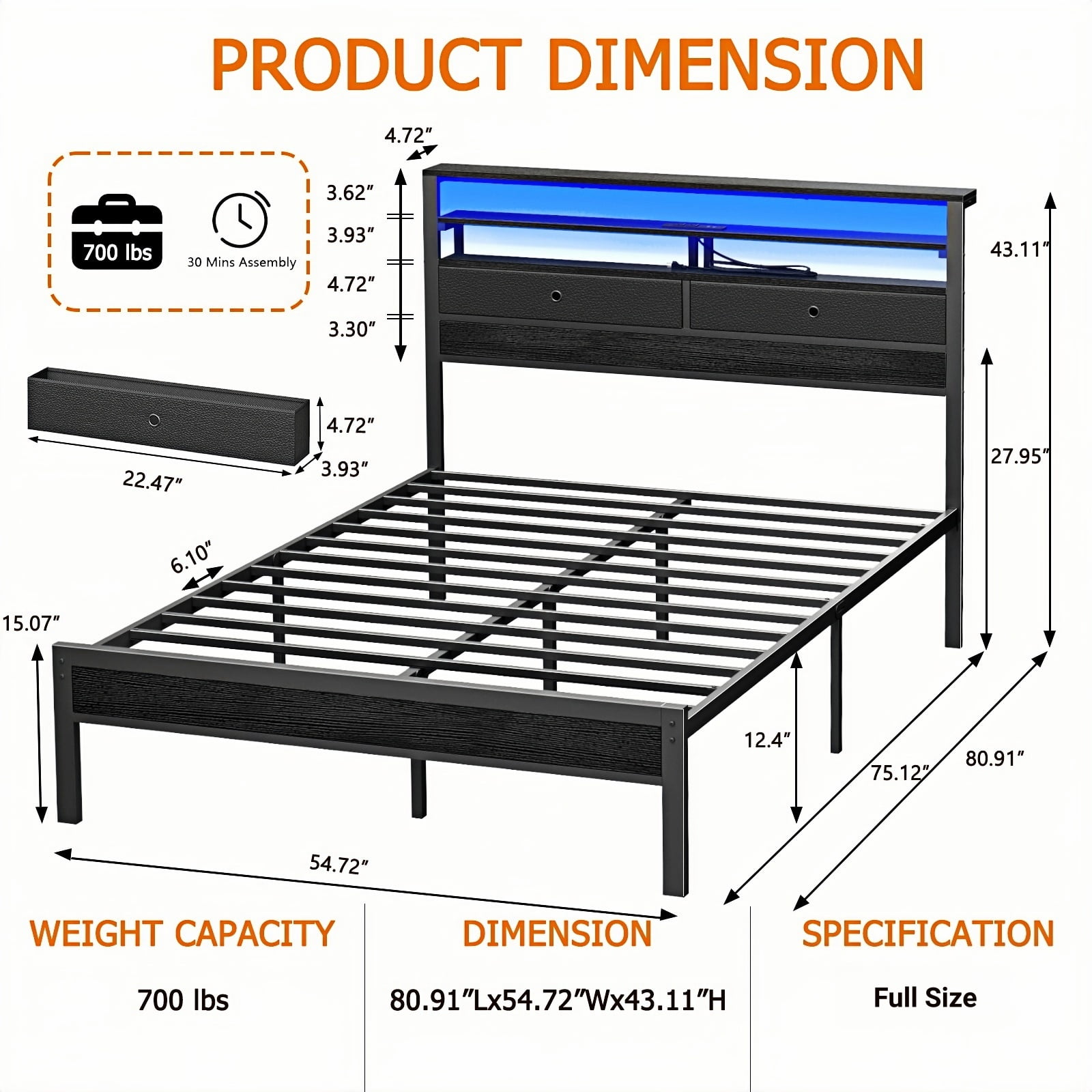 Dyzmo Full Size Bed Frame with Charging Station Storage Headboard Under Bed Storage Space, LED Platform Bed with High Headboard and Wooden Slats, No Box Spring Needed