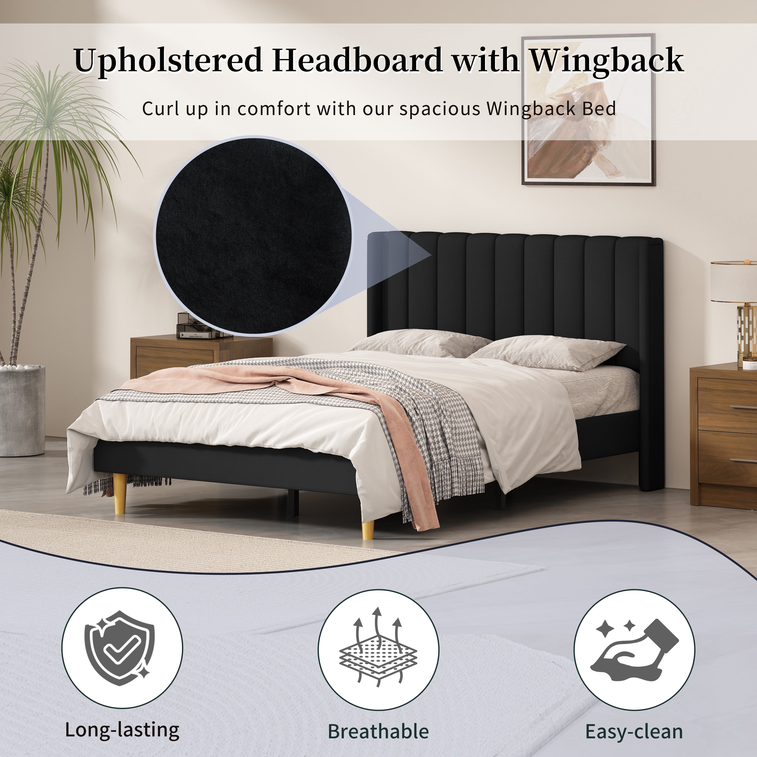Full Size Upholstered Bed Frame,40.9" High Headboard,Strong Metal Frame,Wooden Slats Support,No Box Spring Needed,Easy Assembly,Linen Fabric,Black