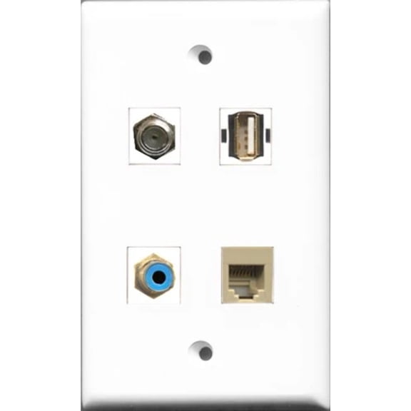 RiteAV 1 Port RCA Blue and 1 Port Coax Cable TV- F-Type and 1 Port USB A-A and 1 Port Phone RJ11 RJ12 Beige Wall Plate