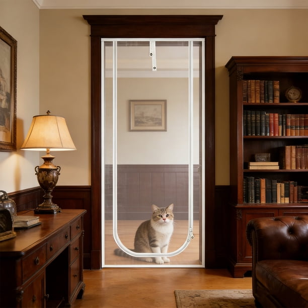 Cortina de puerta con cremallera para mascotas – Malla antimosquitos a prueba de gatos, diseño plegable sin necesidad de taladrar para la puerta, barrera para mascotas (gatos y perros), malla
