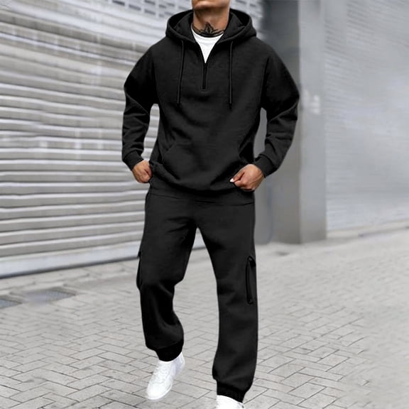Mens 2 Piece Outfits Long Sleeve Half Zip Hoodies Joggers Solid Color Pullover Casual Streetwear Comfortable Tracksuit Men Black L