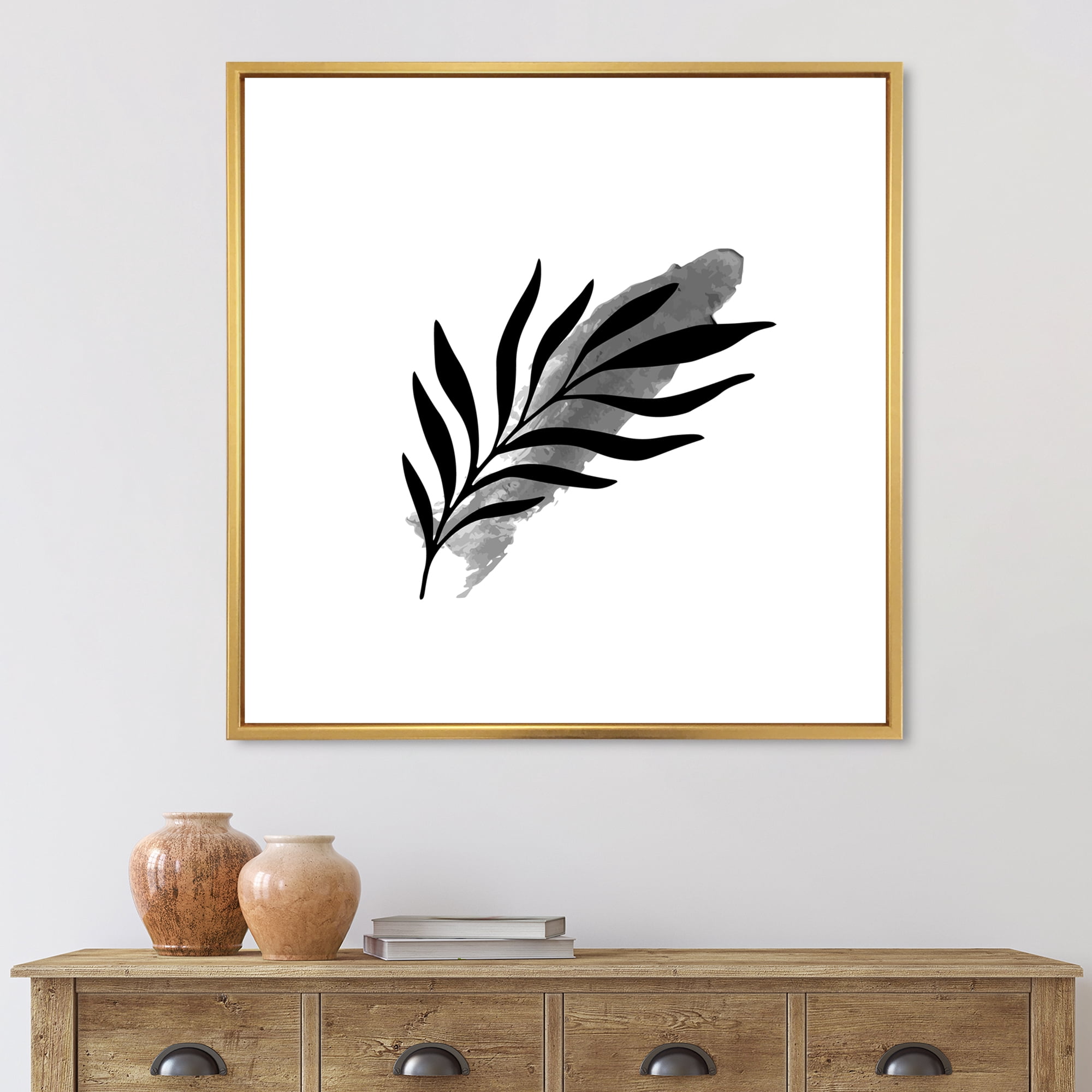Designart 'Abstract Black Tropical Leaf I' Modern Framed Canvas Wall Art Print