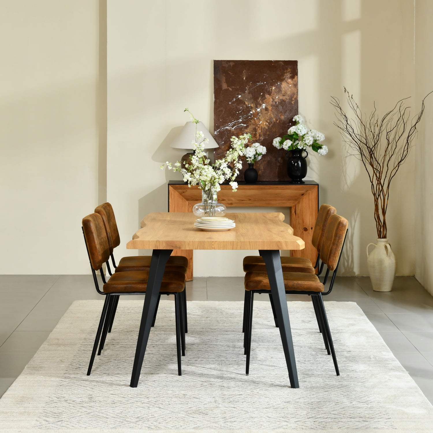 Homy Casa 5-Piece Dining Table Set with Live Edge Faux Wooden Top and 4 Chairs